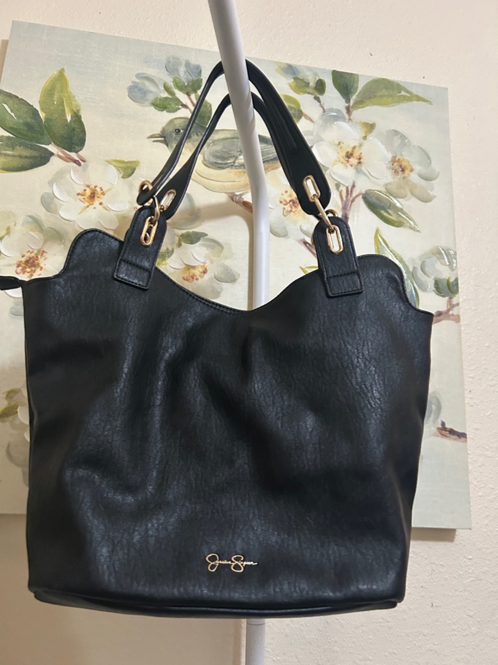 Jessica Simpson Black Scalloped-Top Shoulder Tote with Gold Hardware